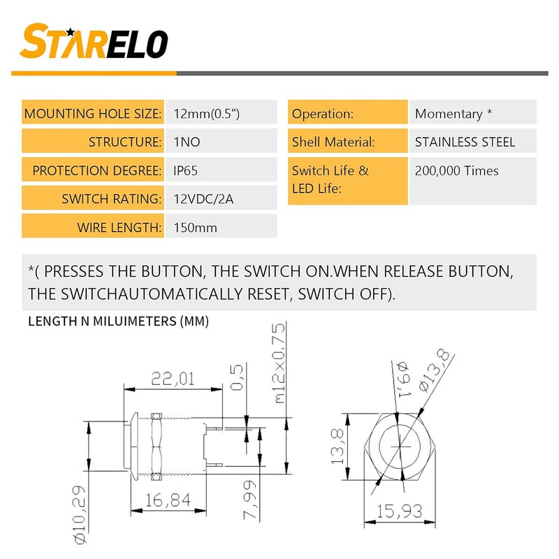 STARELO 5pcs 12mm Momentary Push Button Switch Silver Shell with pre-Wiring, IP65 Waterproof Push Button Switch,Stainless Steel 1 Normally Open Without LED. - Image 3